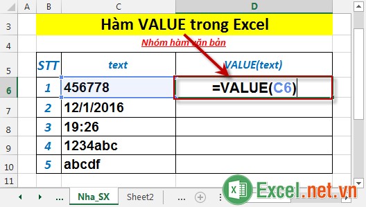 Hàm VALUE trong Excel 2