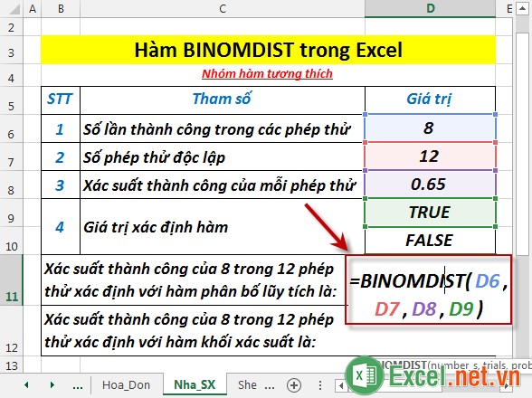 Hàm BINOMDIST trong Excel 2