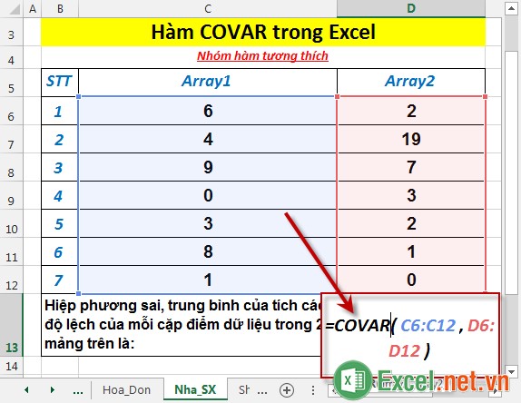 Hàm COVAR trong Excel 2
