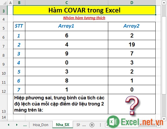 Hàm COVAR - Hàm trả về hiệp phương sai, trung bình tích của các độ lệch cho mỗi cặp điểm dữ liệu trong Excel