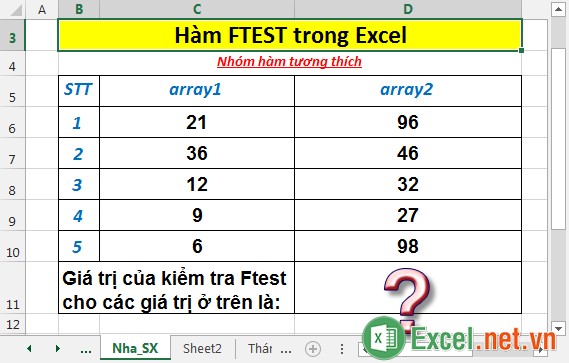 Hàm FTEST trong Excel