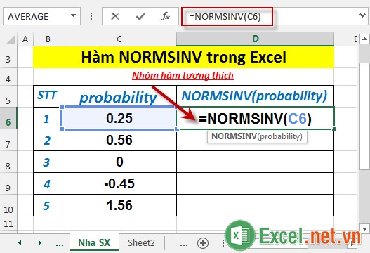 Hàm NORMSINV trong Excel 2