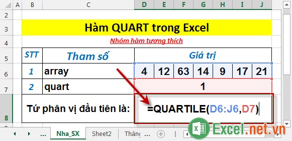 Hàm QUARTILE trong Excel 2
