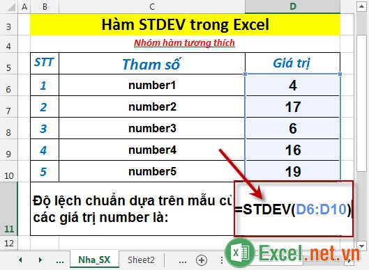 Hàm STDEV trong Excel 2