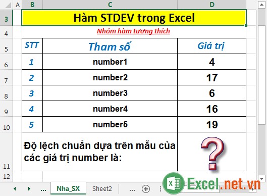 Hàm STDEV - Hàm ước tính độ lệch chuẩn dựa trên mẫu trong Excel