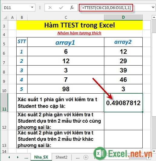 Hàm TTEST trong Excel 3