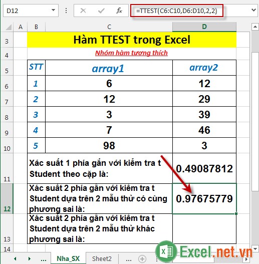 Hàm TTEST trong Excel 4