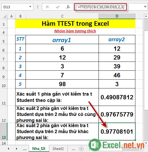 Hàm TTEST trong Excel 5