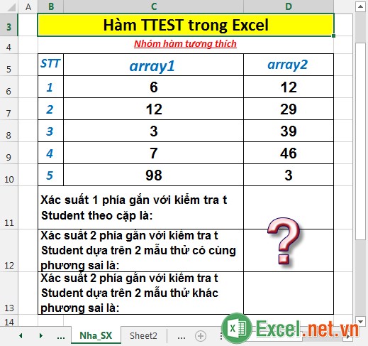 Hàm TTEST - Hàm trả về xác suất kết hợp với phép thử t Student trong Excel