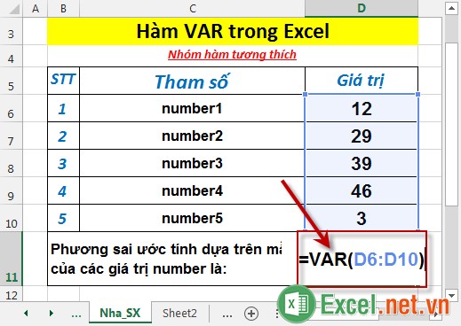 Hàm VAR trong Excel 2