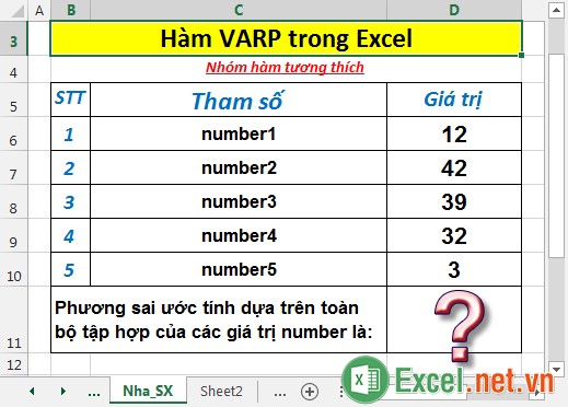 Hàm VARP - Hàm ước tính phương sai dựa trên toàn bộ tập hợp trong Excel