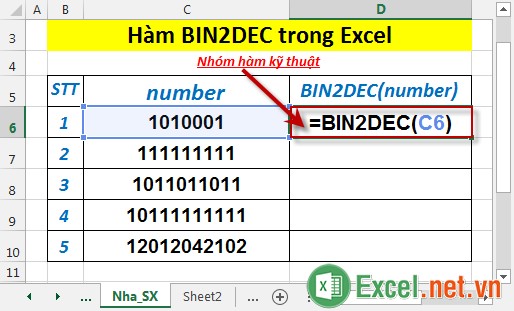 Hàm BIN2DEC trong Excel 2