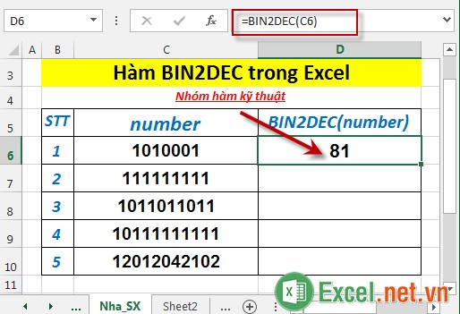 Hàm BIN2DEC trong Excel 3