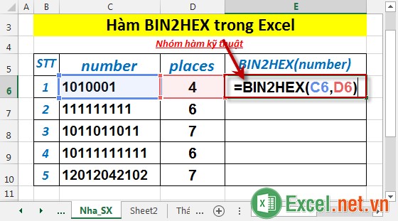 Hàm BIN2HEX trong Excel 2
