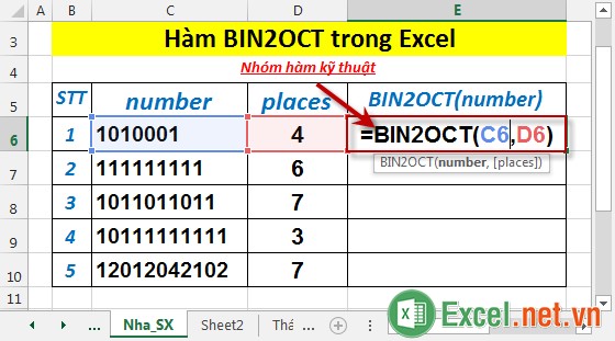 Hàm BIN2OCT trong Excel 2