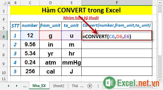 Hàm CONVERT trong Excel 2
