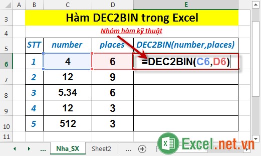 Hàm DEC2BIN trong Excel 2