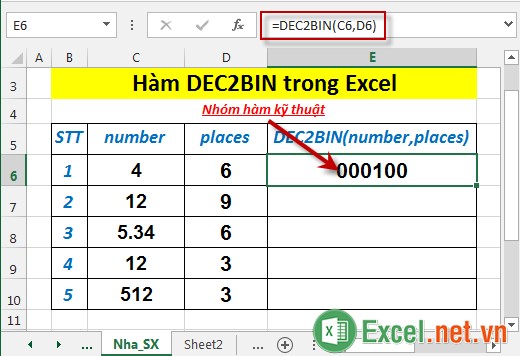 Hàm DEC2BIN trong Excel 3