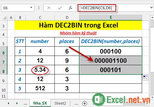 Hàm DEC2BIN trong Excel 4