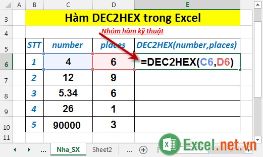 Hàm DEC2HEX trong Excel 2