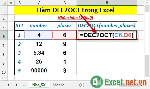 Hàm DEC2OCT trong Excel 2