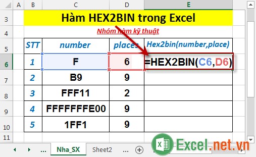 Hàm HEX2BIN trong Excel 2