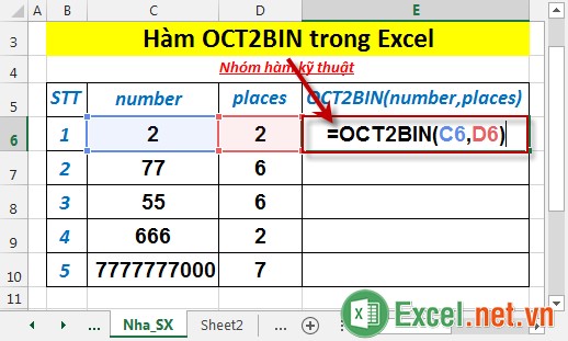 Hàm OCT2BIN trong Excel 2