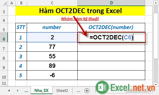 Hàm OCT2DEC trong Excel 2