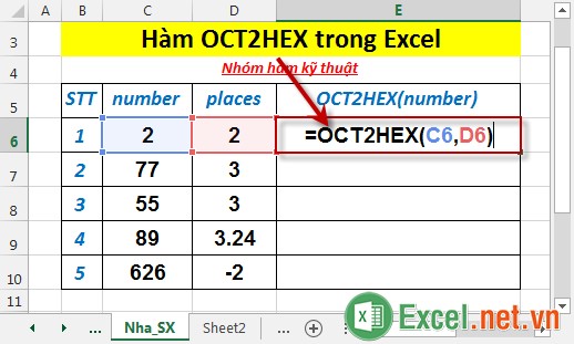 Hàm OCT2HEX trong Excel 2