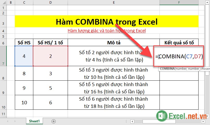Hàm COMBINA – Hàm trả về số lượng các kết hợp với tần suất lặp trong Excel