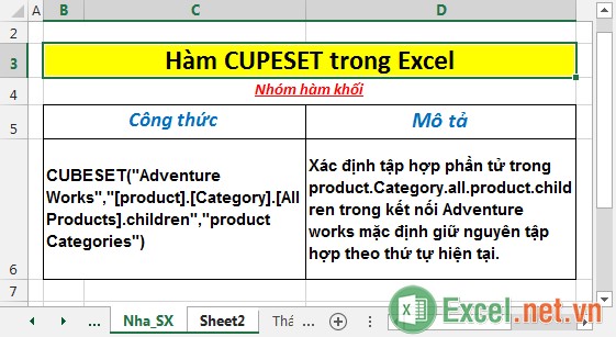 Hàm CUBESET - Hàm xác định một tập hợp phần tử được tính hoặc bộ tới khối trên máy chủ, tạo 1 tập hợp rồi trả về tập hợp đó trong Excel