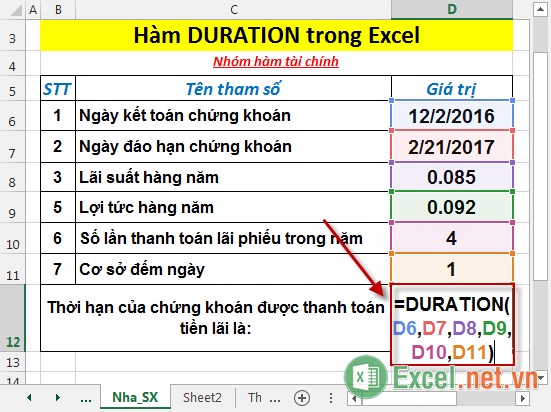 Hàm DURATION - Hàm trả về thời hạn được thanh toán tiền lãi định kỳ của chứng khoán trong Excel