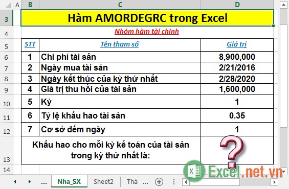 Hàm AMORDEGRC - Hàm trả về khấu hao cho mỗi kỳ kế toán sử dụng hệ số khấu hao trong Excel