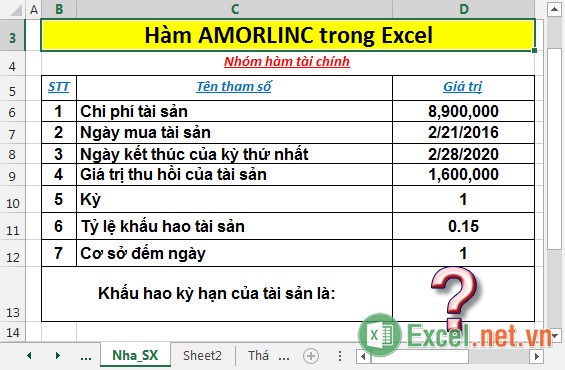 Hàm AMORLINC - Hàm trả về khấu hao cho mỗi kỳ kế toán trong Excel