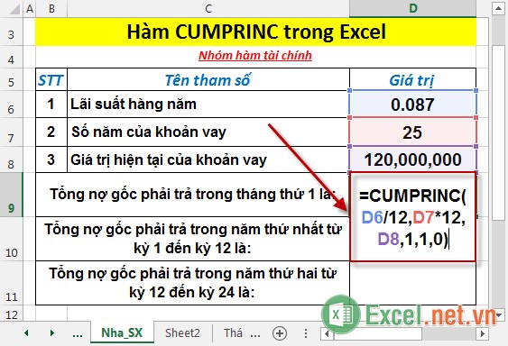 Hàm CUMPRINC - Hàm trả về nợ gốc tích lũy phải trả cho khoản vay giữa 2 kỳ trong Excel