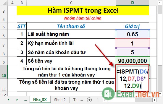 Hàm ISPMT - Hàm thực hiện tính toán tiền lãi được trả của một khoản đầu tư trong một kỳ hạn cụ thể trong Excel