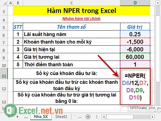 Hàm NPER - Hàm trả về số kỳ hạn của một khoản đầu tư trong Excel