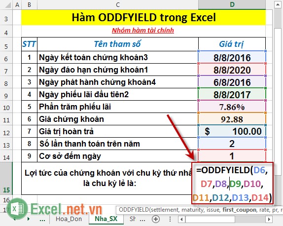 Hàm ODDFYIELD - Hàm trả về lợi tức của một chứng khoán có kỳ thứ nhất là kỳ lẻ trong Excel