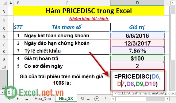 Hàm PRICEDISC - Hàm trả về giá trên mỗi mệnh giá 100$ của một chứng khoán đã được chiết khấu trong Excel