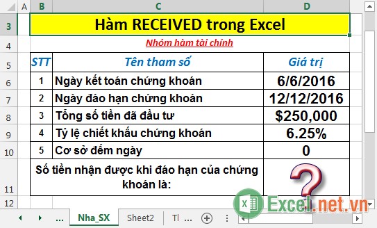 Hàm RECEIVED -  Hàm trả về số tiền nhận được khi đáo hạn cho một chứng khoán đầu tư đầy đủ trong Excel