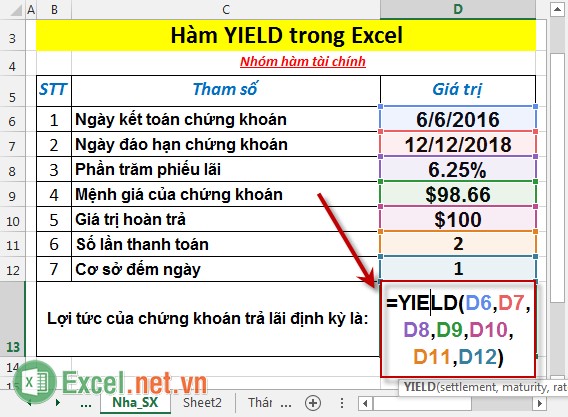 Hàm YIELD - Hàm trả về lợi tức của một chứng khoán trả lãi định kỳ trong Excel
