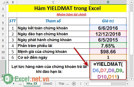 Hàm YIELDMAT - Hàm trả về lợi tức hàng năm của một chứng khoán trả lãi khi đáo hạn trong Excel