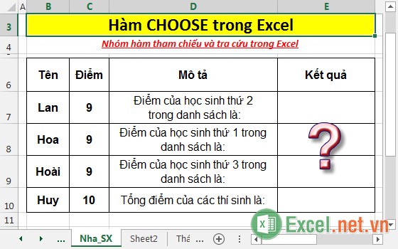 Hàm CHOOSE - Hàm trả về một giá trị từ một danh sách các giá trị trong Excel