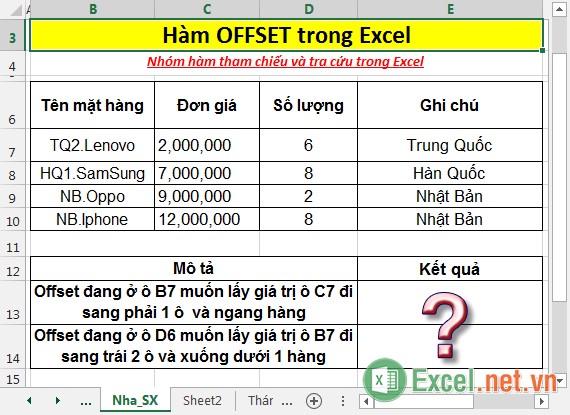 Hàm OFFSET - Hàm trả về tham chiếu tới một phạm vi cách một ô hoặc phạm vi ô một số hàng hoặc 1 số cột trong Excel