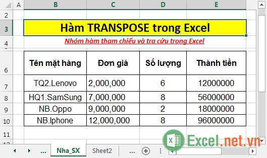 Hàm TRANSPOSE - Hàm trả về hoán vị của một mảng trong Excel