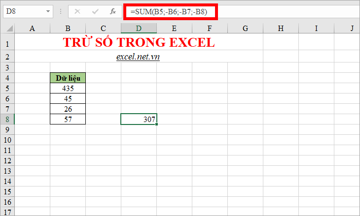 Sử dụng hàm SUM để trừ trong Excel