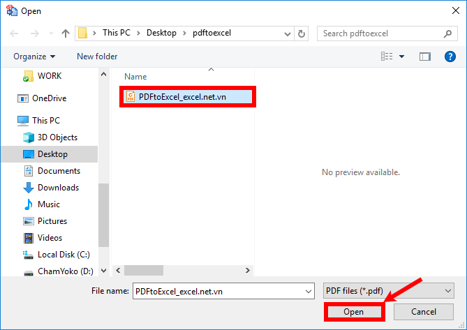 Chọn đến file PDF cần chuyển và nhấn Open để mở file PDF