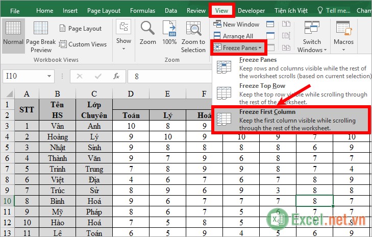 Cách cố định cột đầu tiên trong Excel
