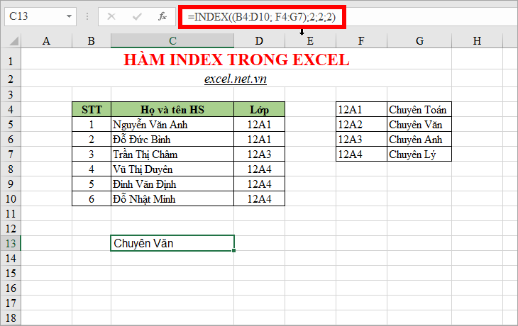 Hàm Index trả về giá trị trong hàng 2, cột 2 trong vùng số 2