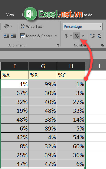 Bôi đen mảng dữ liệu - Mở ribbon Home - Tìm trong phần Number có biểu tượng % (Percent Style)